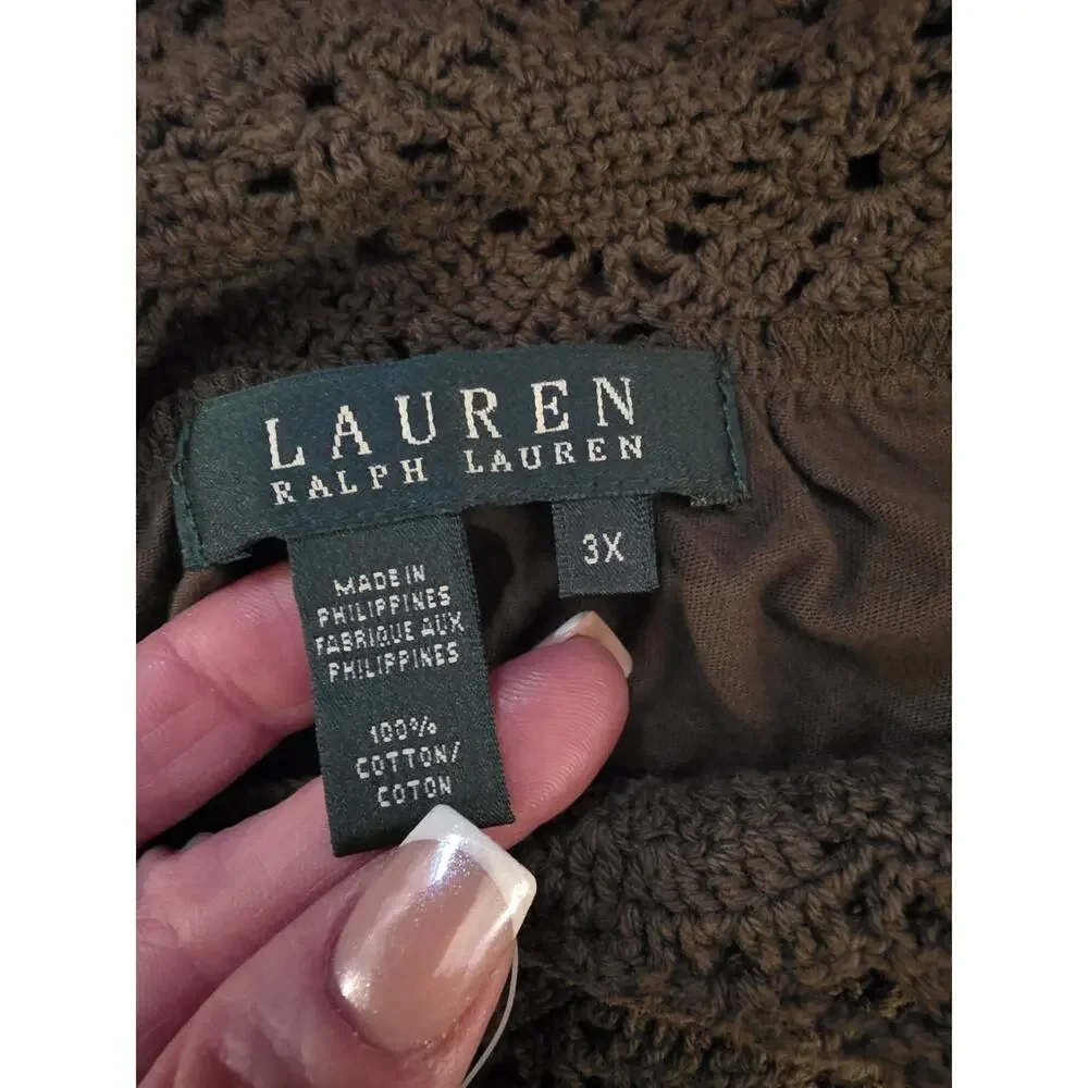 LAUREN RALPH LAUREN Top Cap Sleeve Crocheted Neckline Olive Green 3X NWT
